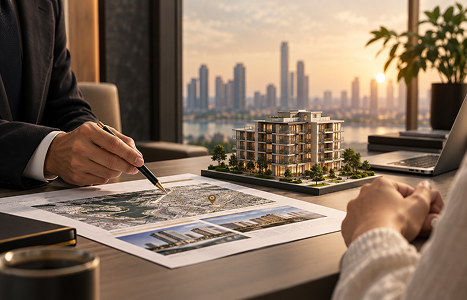 An adviser pointing to a site plan beside a development model