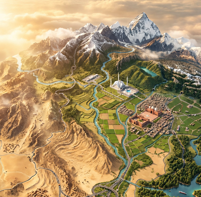 An illustrated map of Pakistan, from the northern peaks to the plains