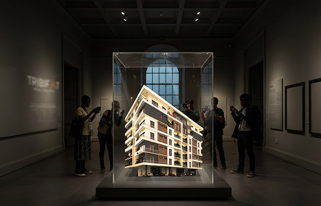 Visitors photographing a lit apartment-building model in a glass case