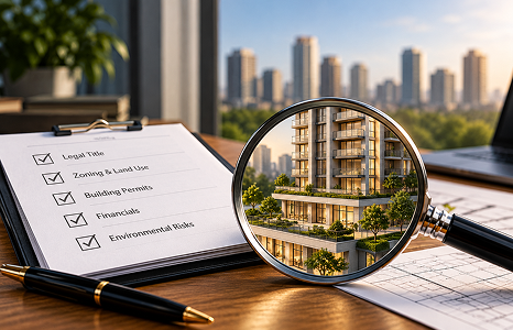 A due-diligence checklist beside a magnifying glass over an apartment building