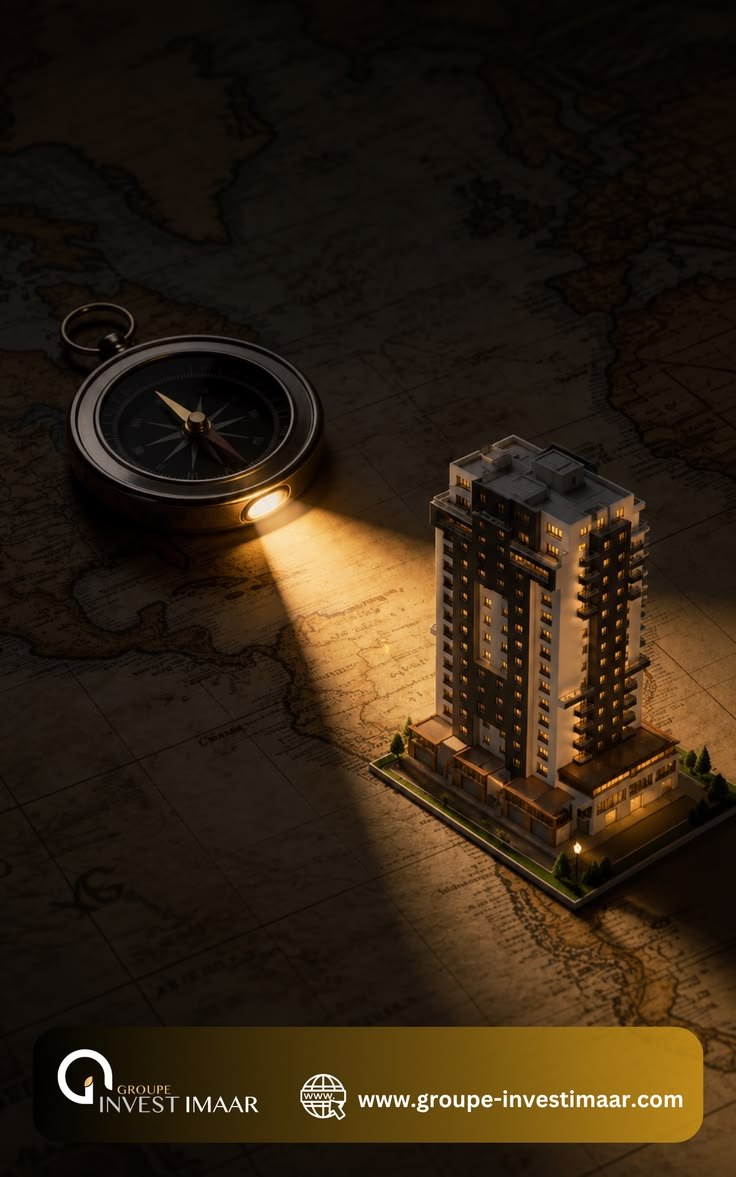 A compass and a model tower on an antique map