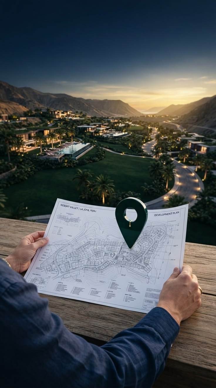A hand holding a site plan over a valley development