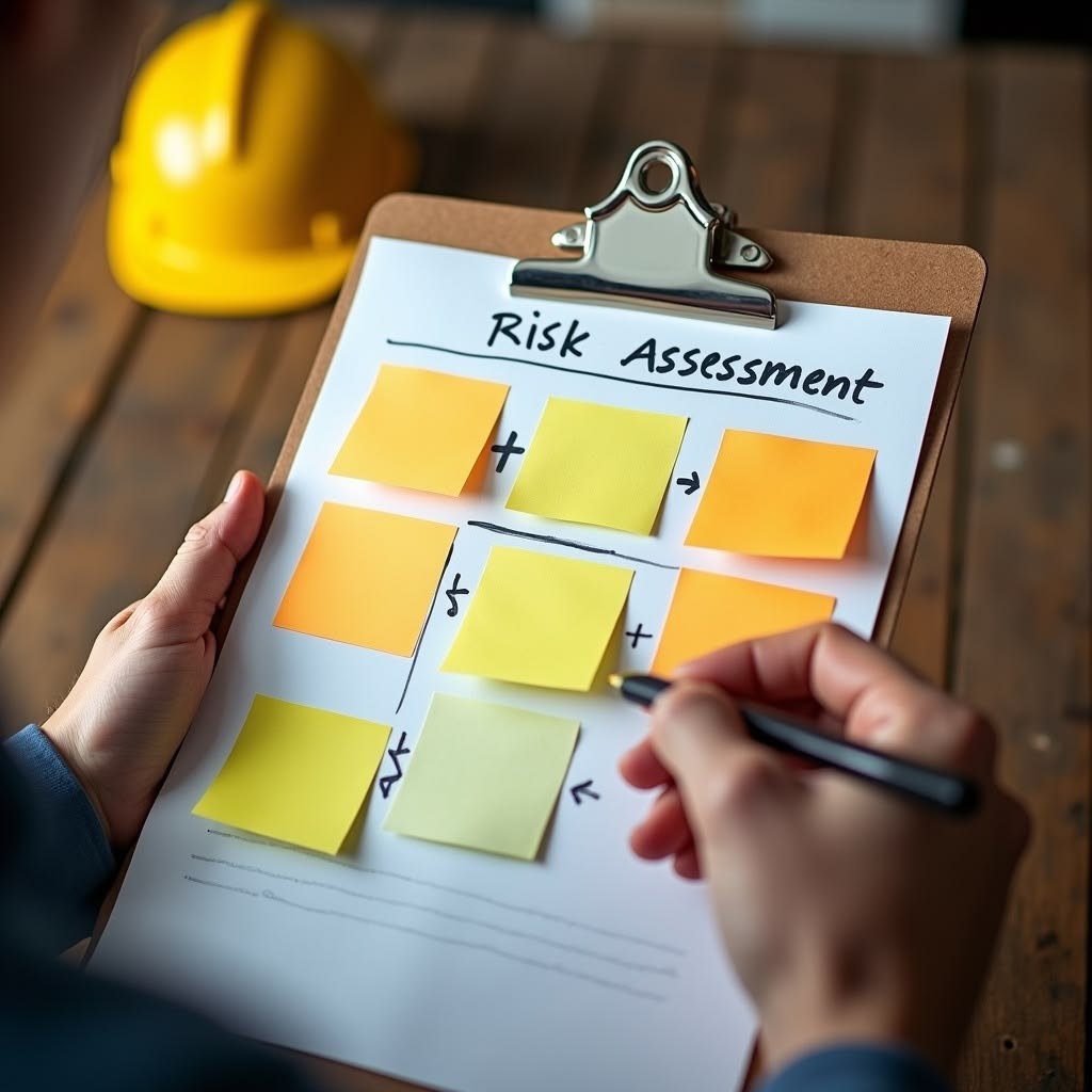 A risk assessment grid being filled in on a clipboard