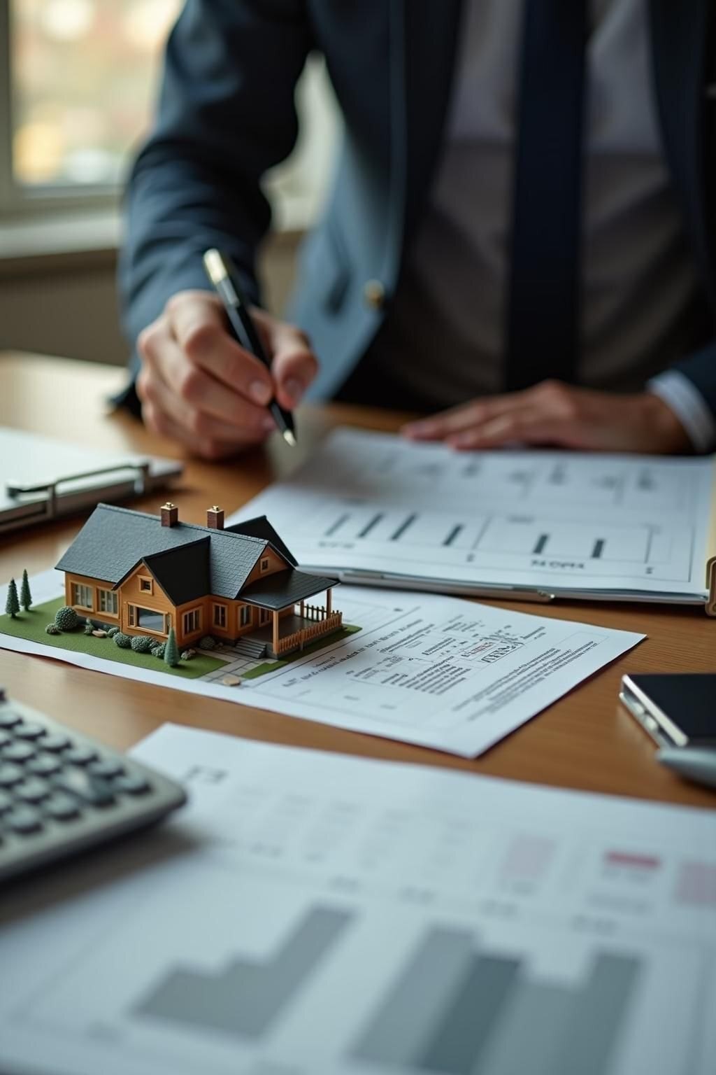 Reviewing property documents and a house model at a desk