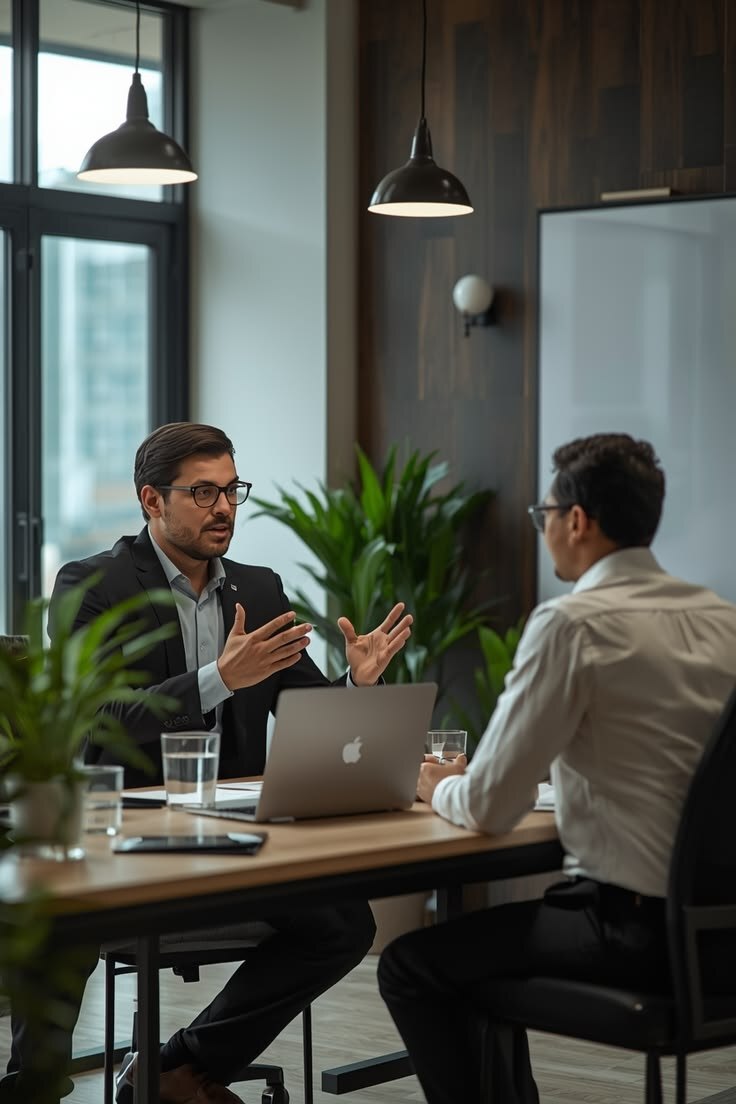 Two people in conversation across a desk